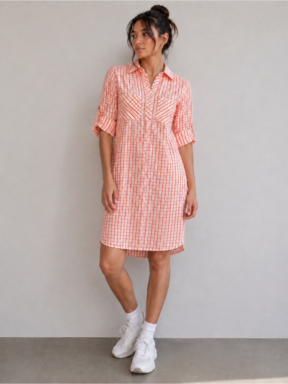 Foxcroft NYC Plaid Shirt Dress Button Tab Sleeves Pockets 2